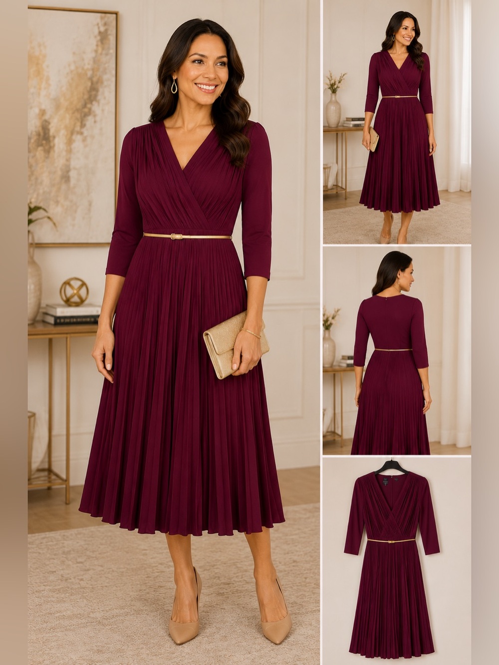 Suzi Chin Wine Pleated Surplice Midi Dress